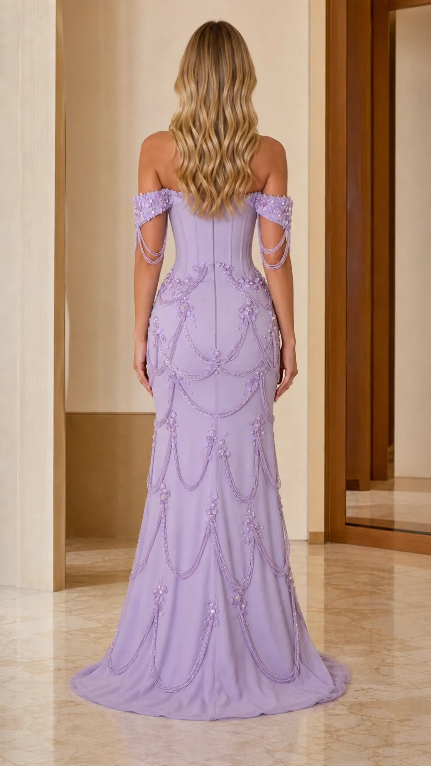 Off-the-Shoulder Beaded Corset Evening Gown with Cascading Swags