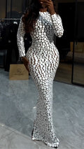 Silver-Tone Disc-Embellished Long-Sleeve Maxi Dress