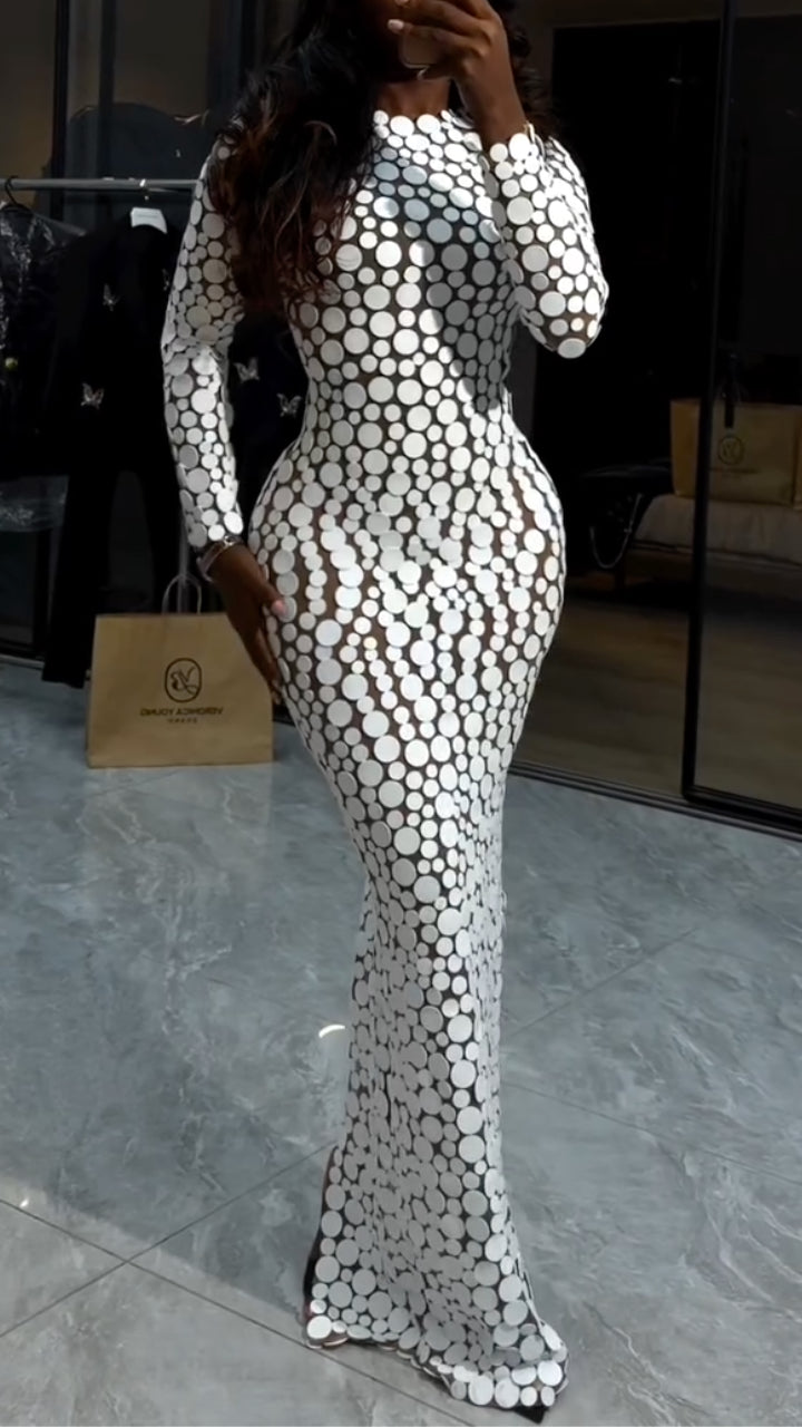 Silver-Tone Disc-Embellished Long-Sleeve Maxi Dress