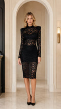 Long Sleeve Lace Mock Neck Shoulder Pad Midi Dress