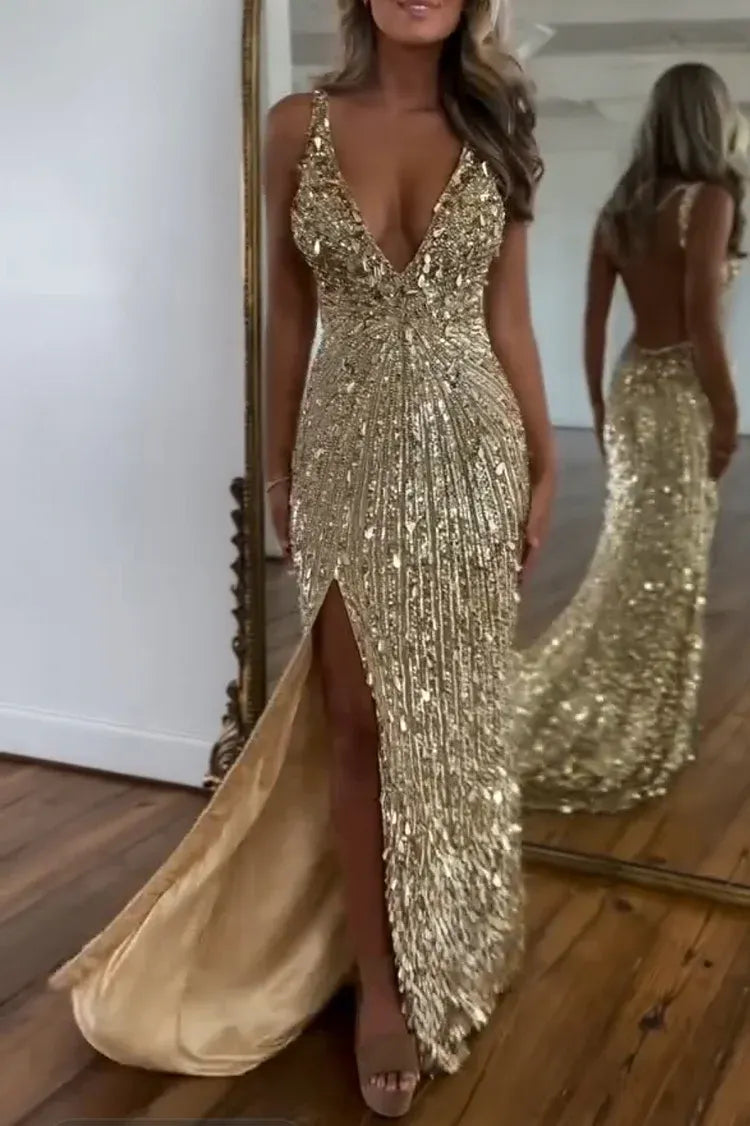 Cocoslly Spaghetti Straps V Neck Sleeveless High Neck Long Prom Dress with Split | Glod Champage  Sequins MS0489