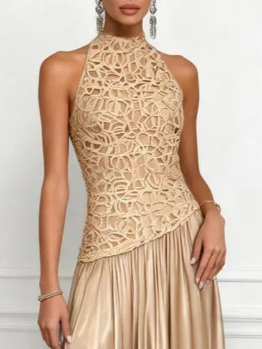 Champagne Lace Satin Halter Crew Neck Sleeveless A-Line Maxi Dress