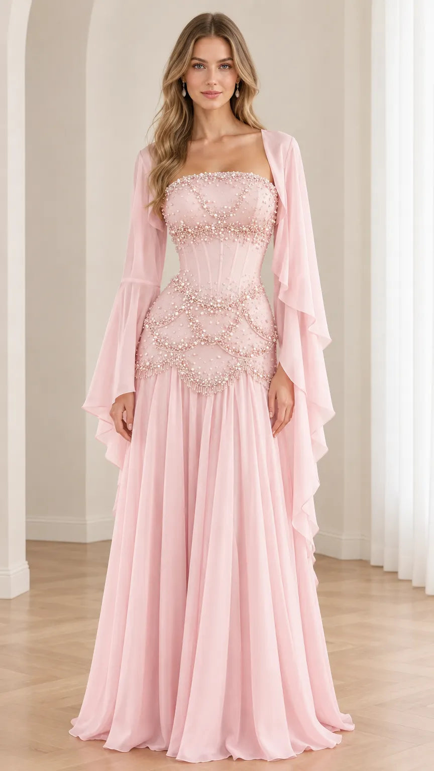 Beaded Corset Evening Gown with Sheer Bell Sleeve Shrug