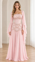 Beaded Corset Evening Gown with Sheer Bell Sleeve Shrug