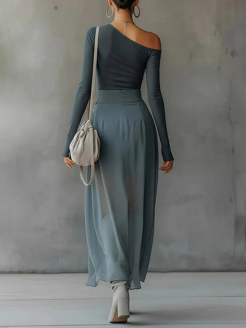 Blue chiffon stretch off-shoulder slit maxi dress