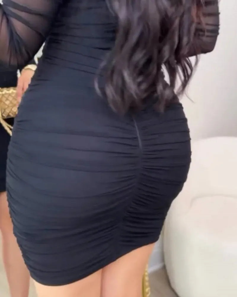 Sexy Mesh Long Sleeve Ruched Bodycon Mini Dress