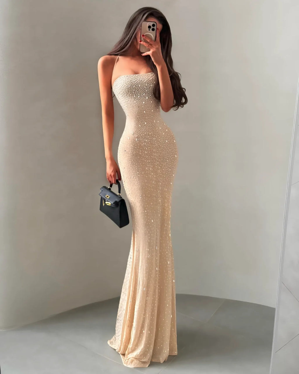 Cocoslly Halter Sleeveless High Waist Long Mermaid Prom Dress With Rhinstone | Nude Chiffon CO0167