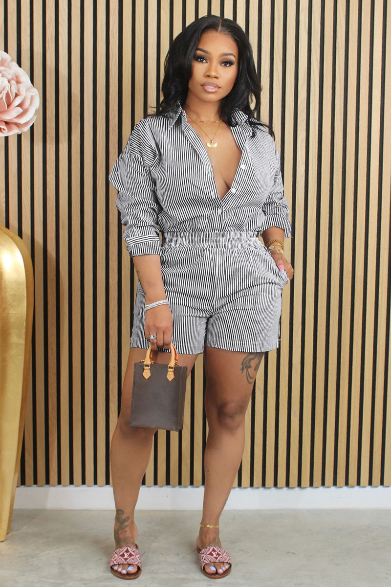 Striped Print Turndown Collar Blouse Shorts Matching Set-Blue