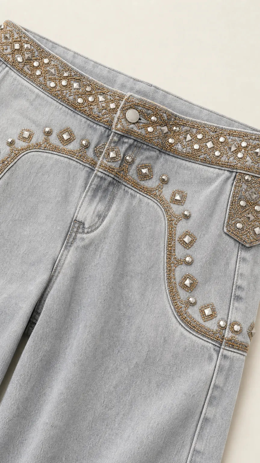 Embellished Low Waist Wide Leg Denim Jeans