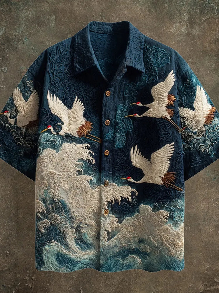Japanese Wave & Crane Men's Casual Linen Short Sleeve Shirt