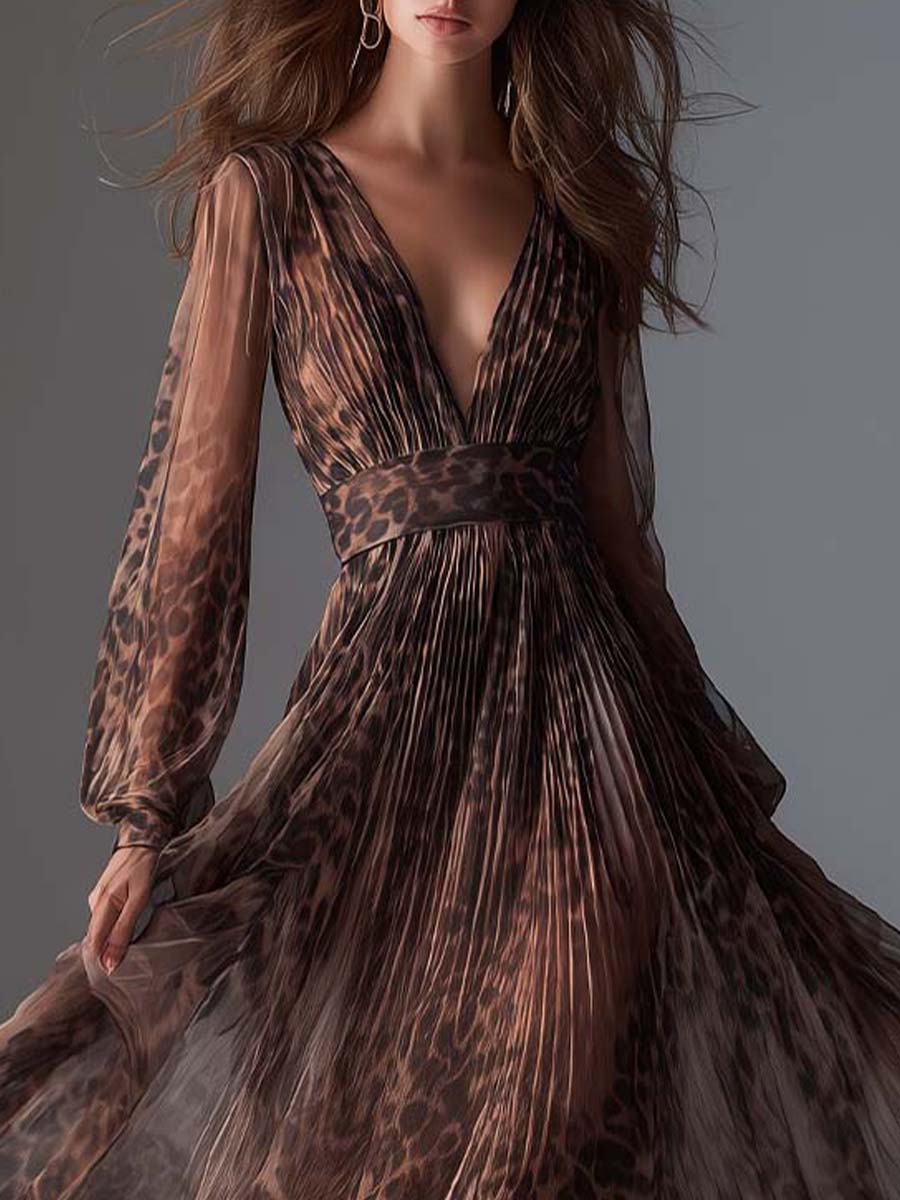 Leopard Chiffon Pleated Maxi Dress