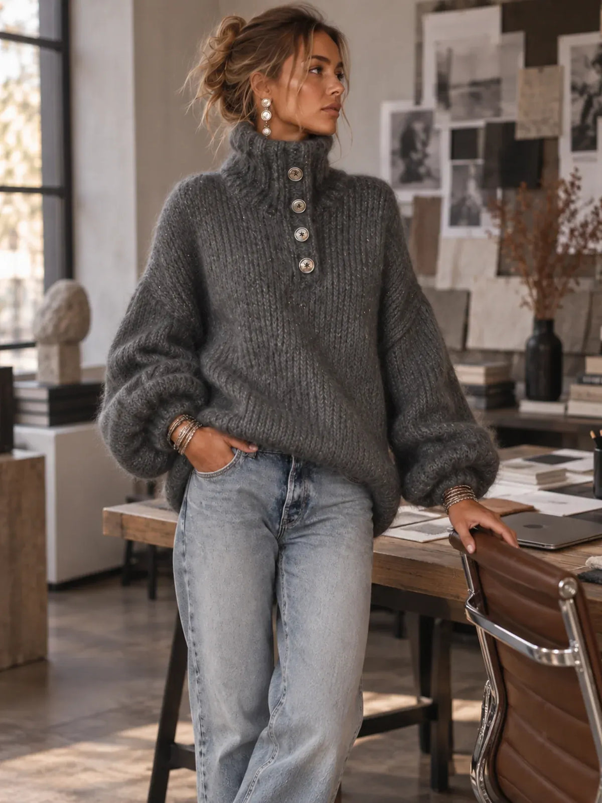 Button-Neck Chunky Knit Sweater