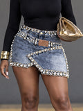 Rhinestone Trim Denim Skort