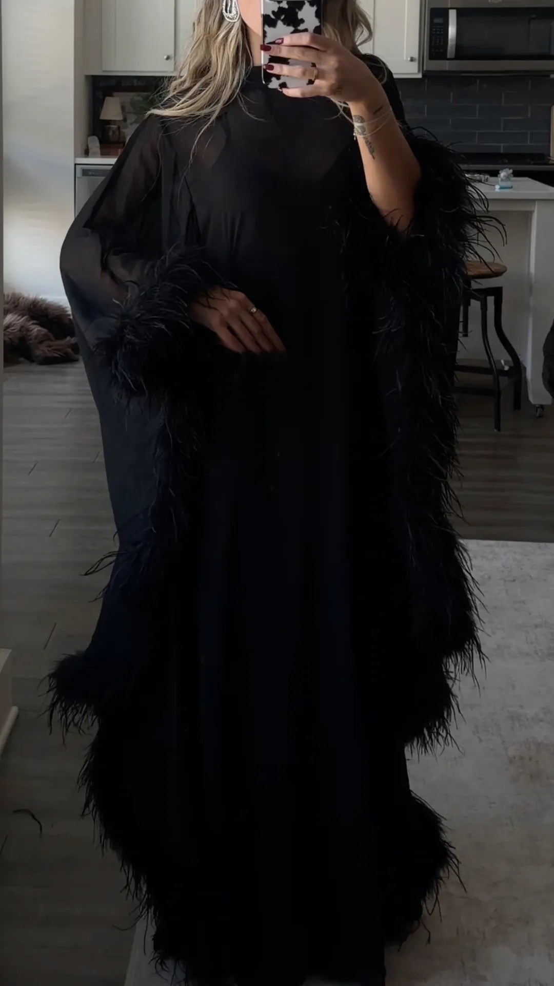 Black Sheer Feather Trim Maxi Dress