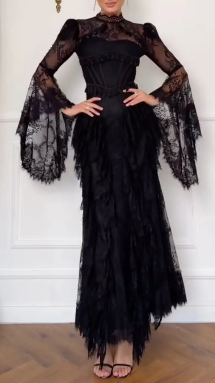 Black Lace Bell Sleeve Corset Maxi Dress