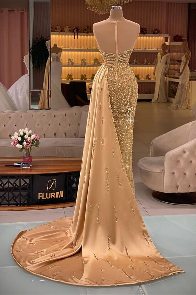 Elegant Gold Mermaid Sleevelss Sweetheart Evening Dress Ruffle With Rhinestone Beadings ED0455
