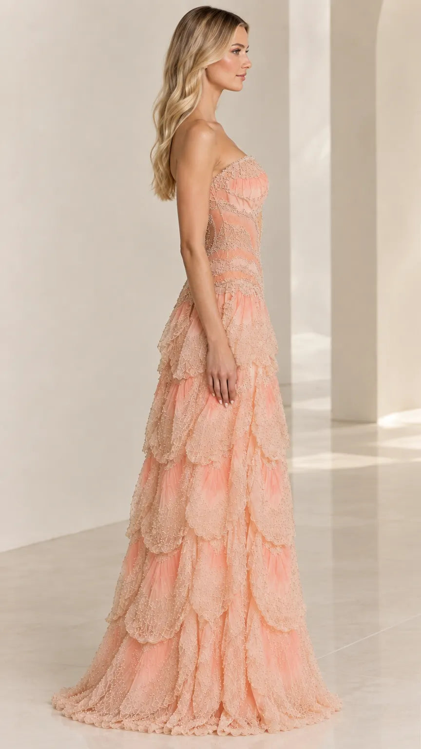 Strapless Beaded Corset Tiered Petal Gown