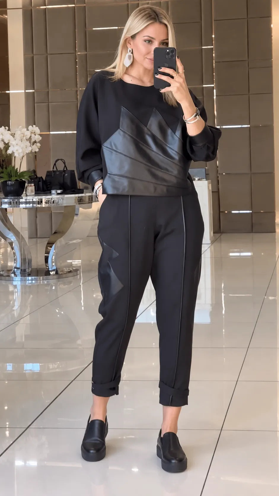 Faux Leather Patch Sweatshirt & Cuffed Trousers Two Piece Set