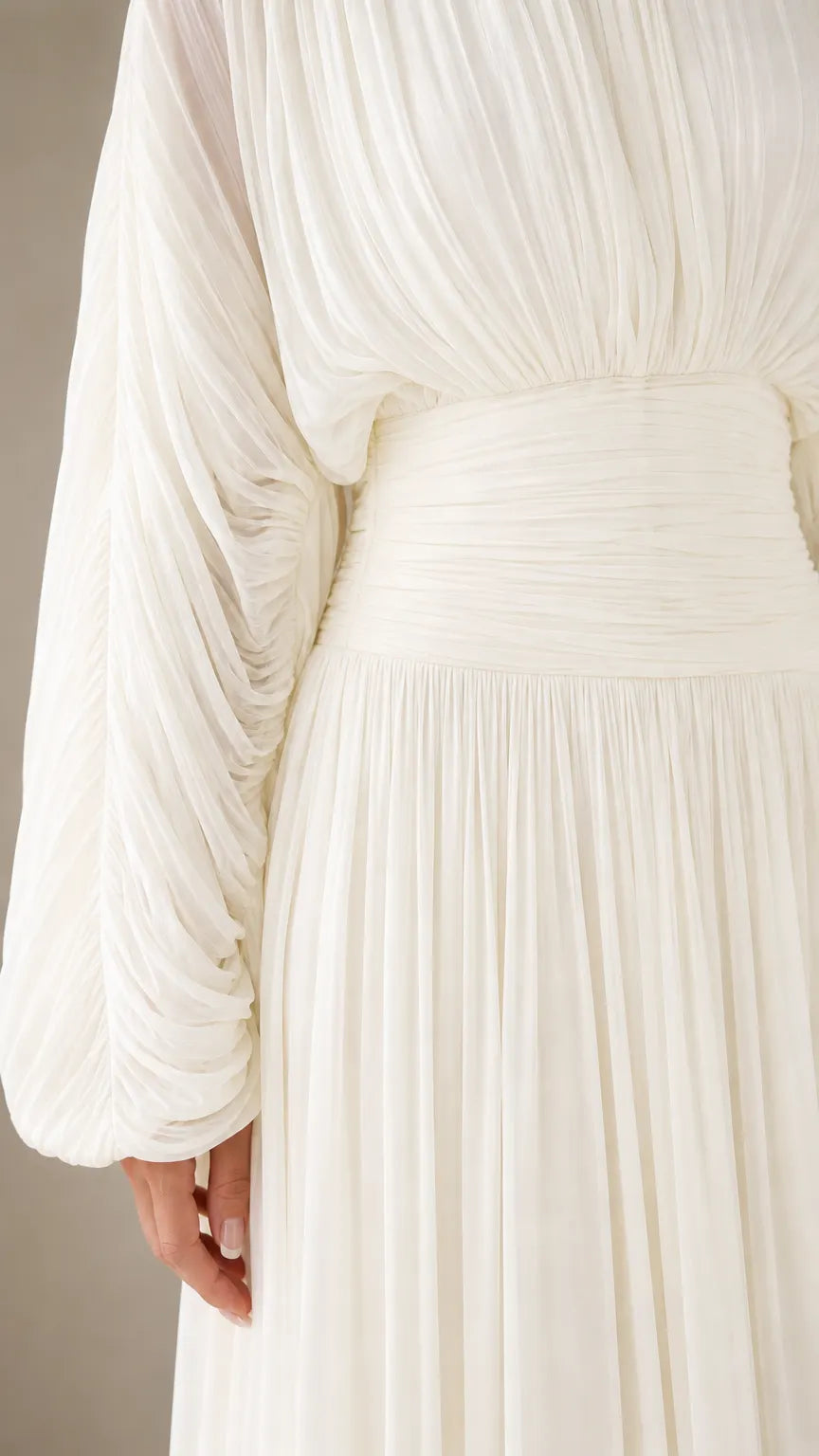 Elegant Pleated Long Sleeve Chiffon Maxi Dress with Ruched Waist