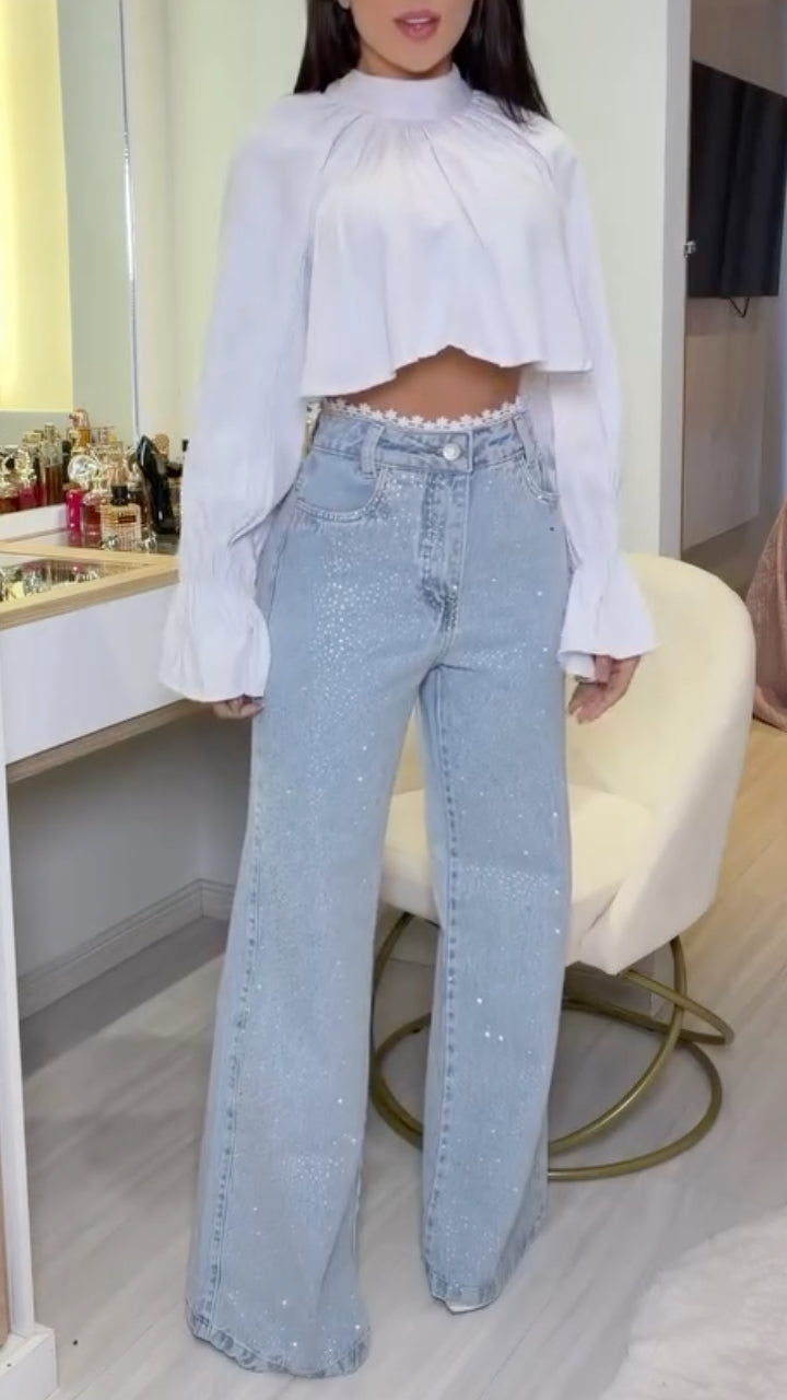 Ruffle Crop Blouse & Crystal Wide-Leg Jeans Set