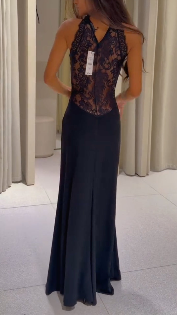Black Halter Lace Satin Mermaid Evening Gown