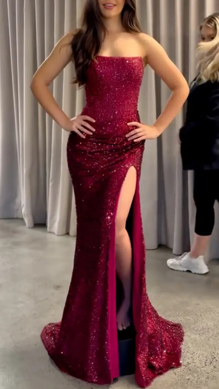 Sequin Strapless Slit Mermaid Evening Gown