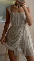 Beige Rhinestone Mesh Draped Mini Dress
