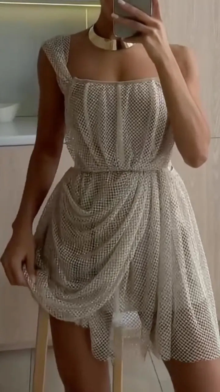 Beige Rhinestone Mesh Draped Mini Dress