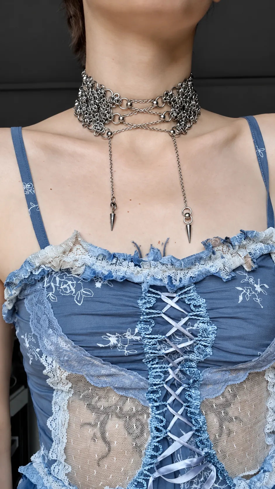 Silver-Tone Chainmail Spike Choker Necklace