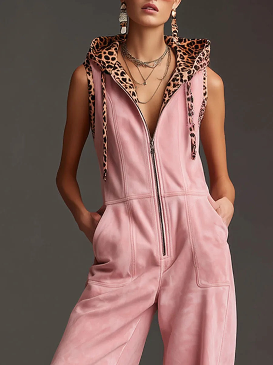 Western Retro Pink Faux Suede Sleeveless Leopard Print Hooded Wide-Leg Jumpsuit