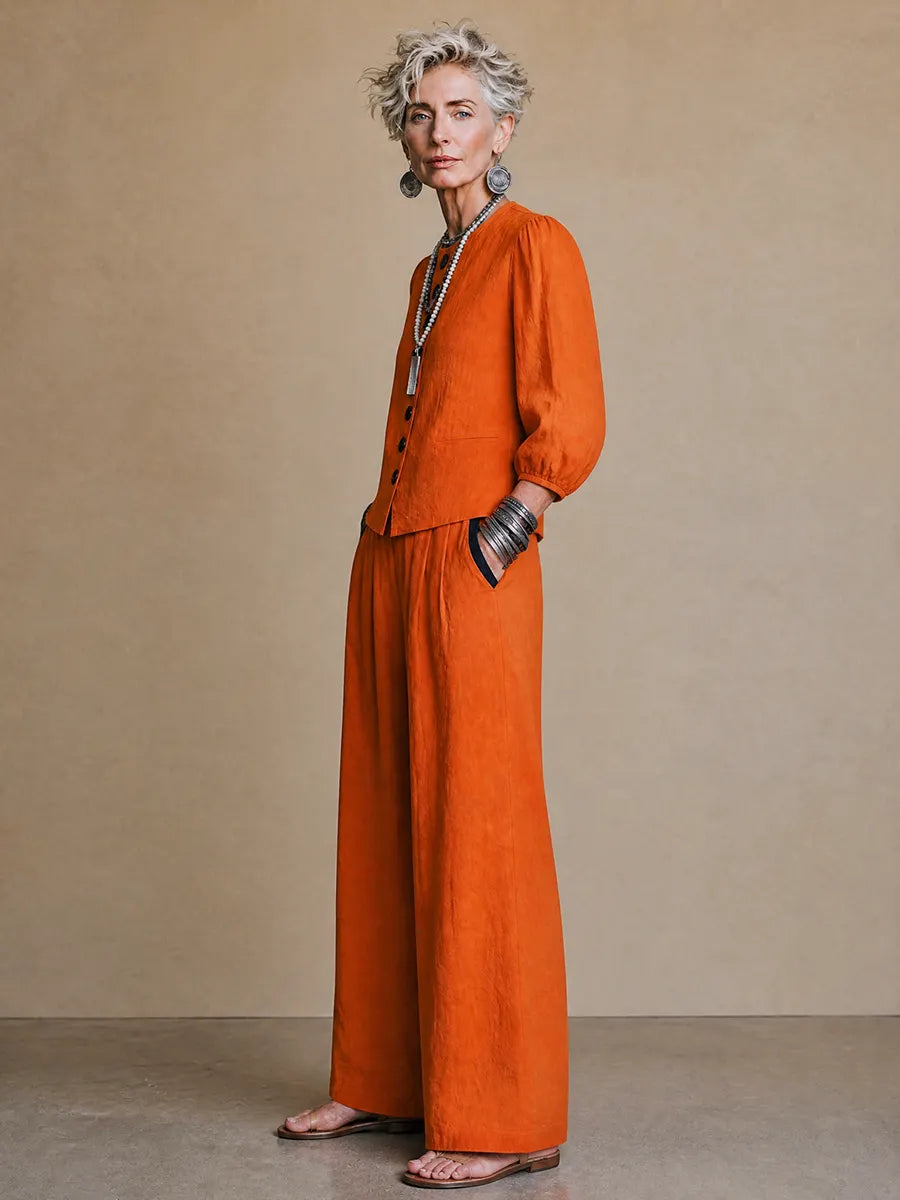 Women's Vintage Elegant Cotton-Linen Set: Single-Breasted Lantern-Sleeve Shirt And Elastic-Waist Wide-Leg Pants ZMZ1379H9ZYY