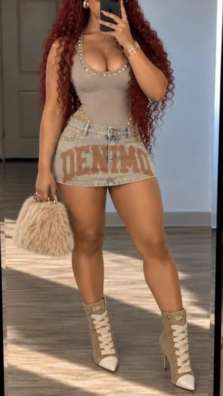 Studded Bodysuit & Denim Mini Skirt Set