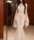 Cocoslly Long Sleeves High Waist Long Mermaid Prom Dress With Ruffles | White Lace JZ0164