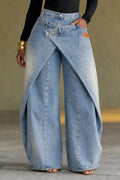 Wrap Skirt‑Effect Wide Leg Denim Pants