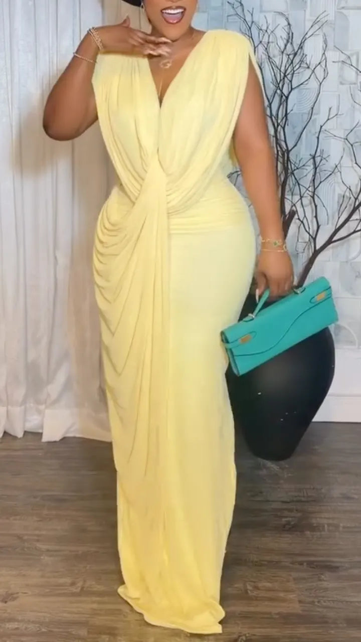 Yellow Draped V-Neck Sleeveless Maxi Evening Dress