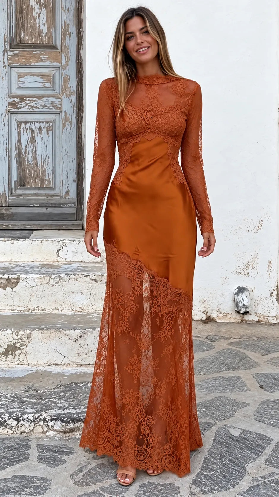 Lace Satin Mix Long Sleeve Maxi Dress