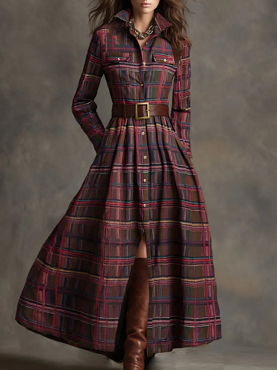 Retro Ethnic Style Lapel Reddish Brown Plaid Maxi Dress