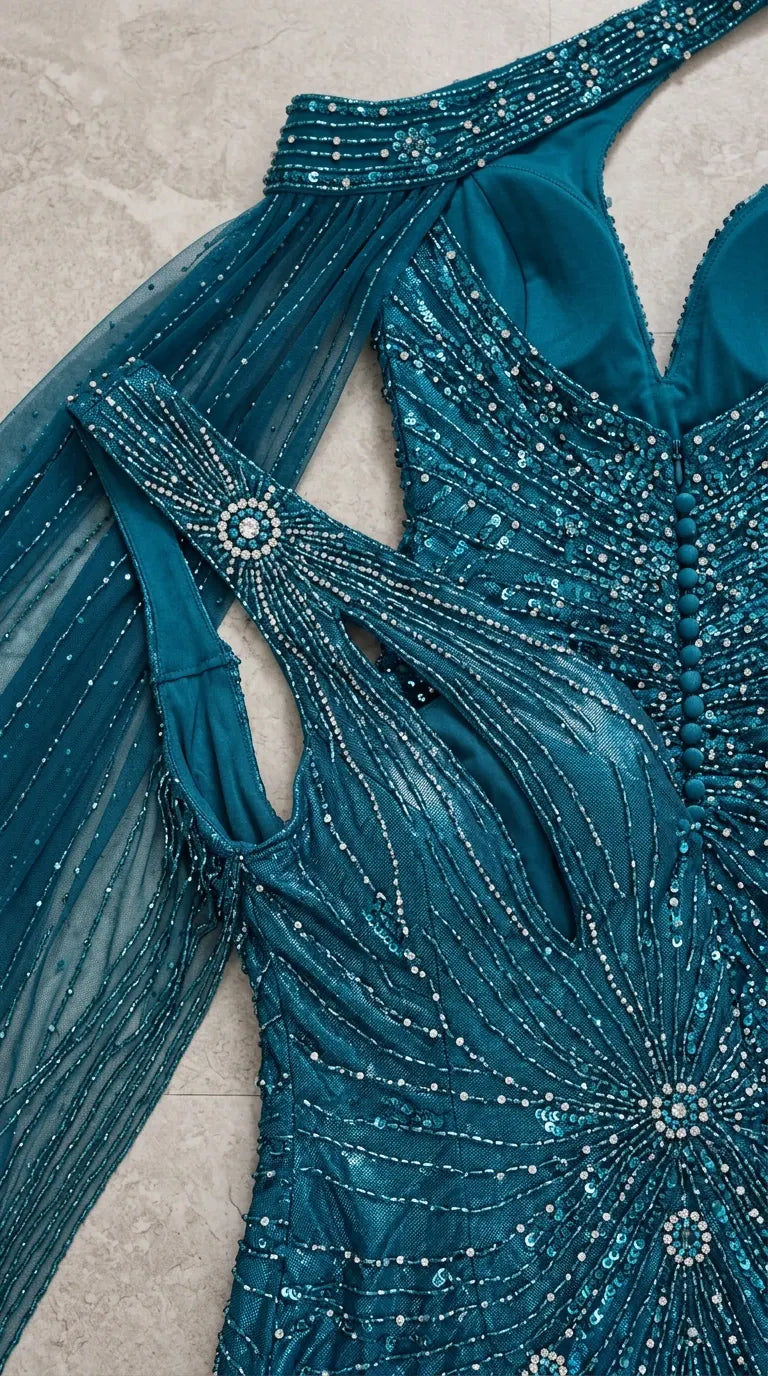 One-Shoulder Embellished Cape Evening Gown Mermaid Formal Maxi Dress