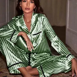Women's Satin Striped Button Up Shirt and Pants Lounge Set Pajamas
