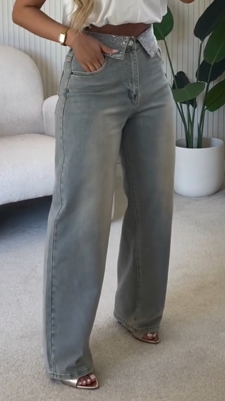 Rhinestone Folded Waist Wide Leg Jeans