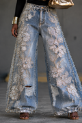 Beaded Floral Embellished Wide Leg Jeans