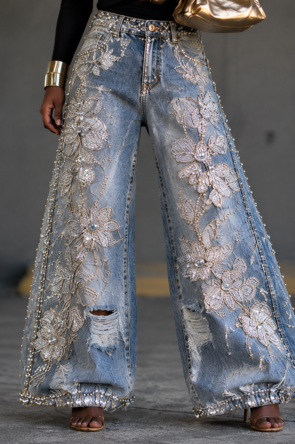 Beaded Floral Embellished Wide Leg Jeans