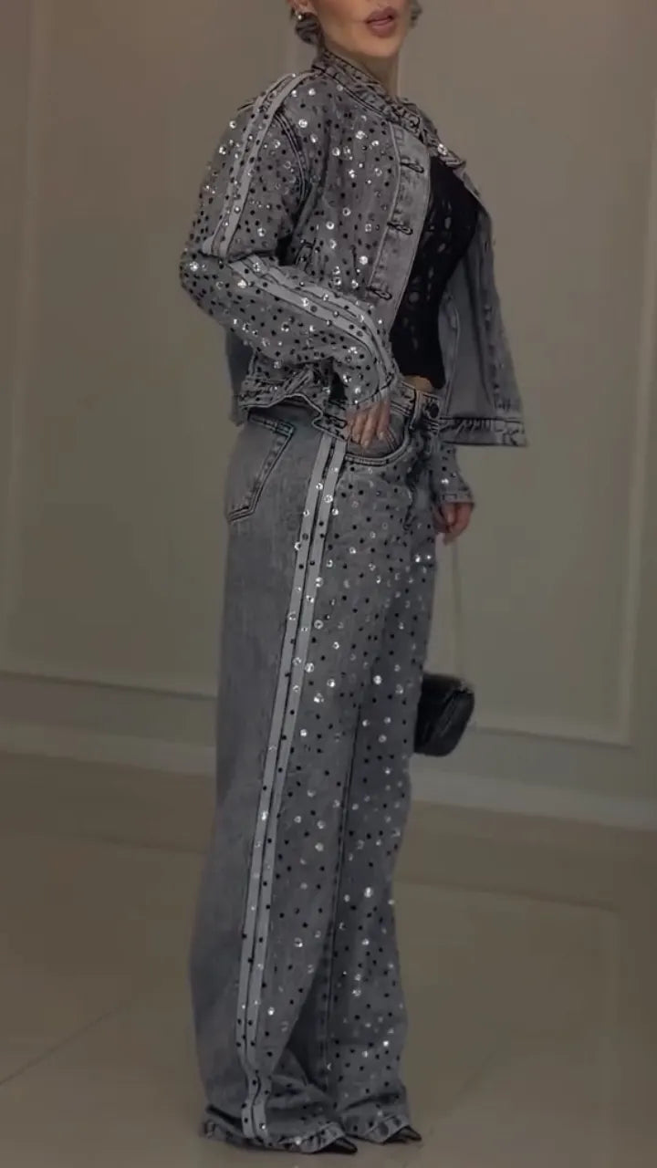 Denim Rhinestone Jacket And Jeans Two‑Piece Set