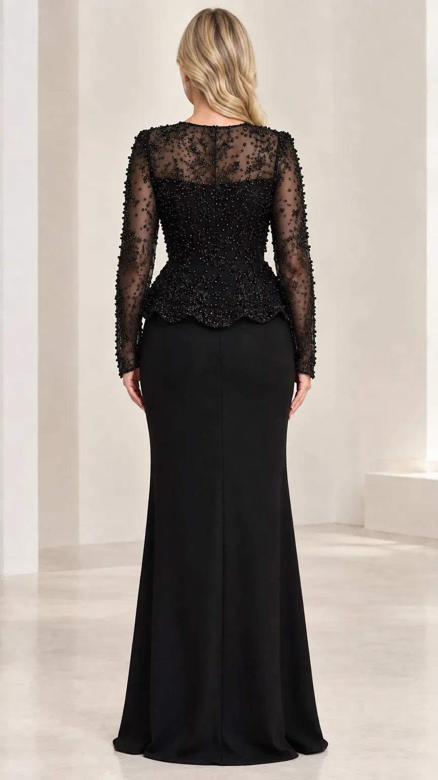 Sequin Beaded Peplum Long Sleeve Formal Evening Gown