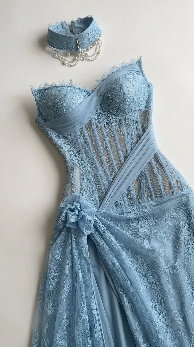 Strapless Lace Boned Corset Evening Gown with Thigh Slit and Choker