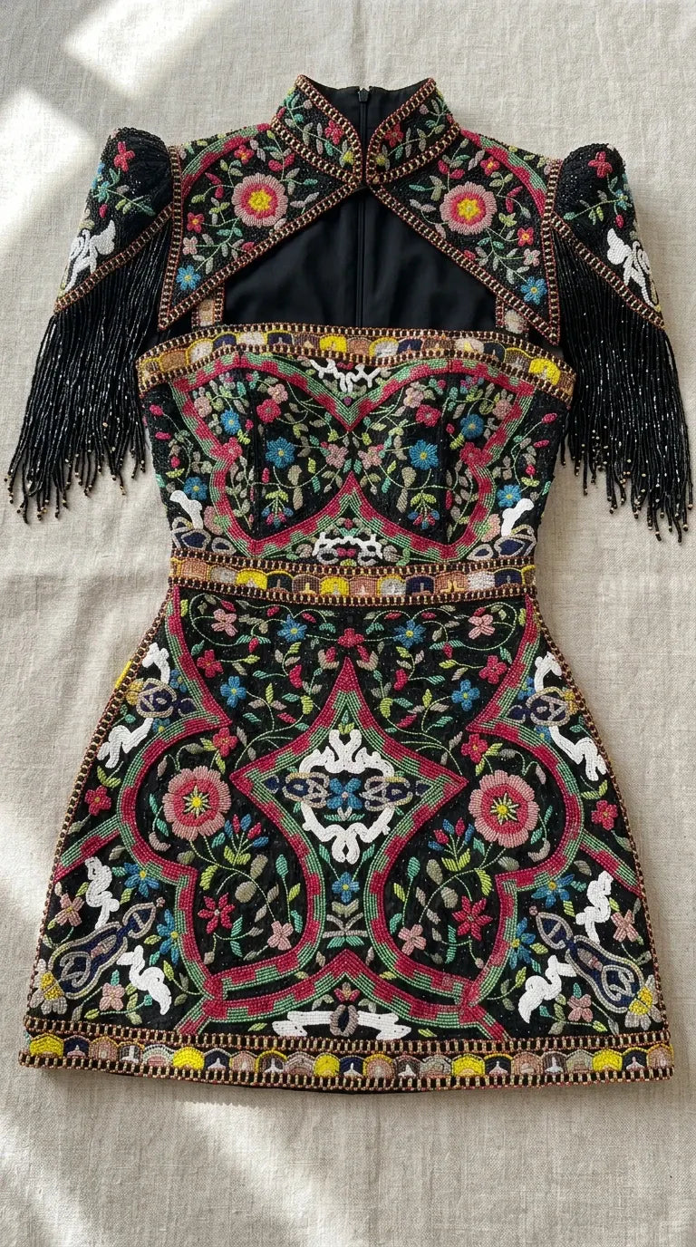Embroidered Cutout Beaded Fringe Mini Dress with High Neck