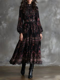 Retro Ethnic Print Pleated Chiffon Ruffle Midi Dress