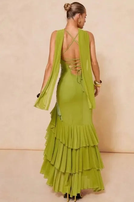 Cocoslly Spaghetti Straps Sleeveless High Waist Long Prom Dress With Ruffles And Sequins | Sage Chiffon LR0491