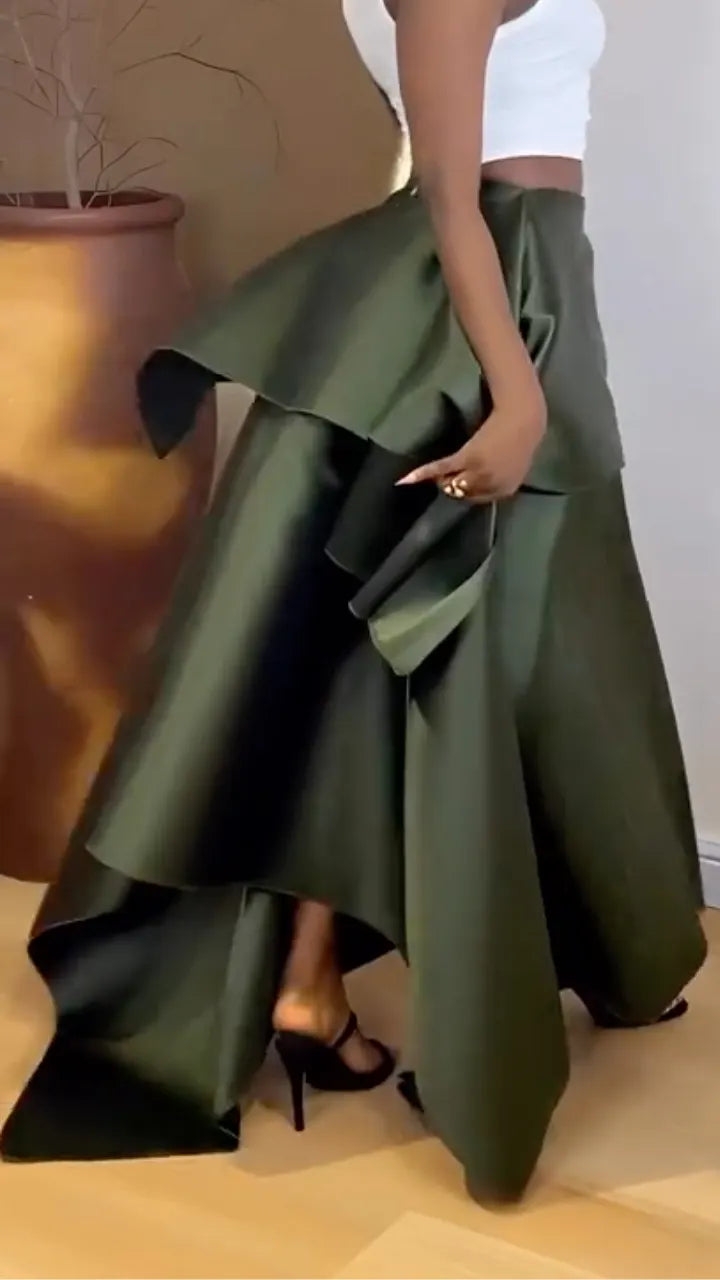 Dark Green Satin Oversized Maxi Skirt