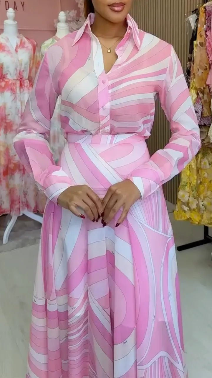 Pink Swirl Print Shirt Maxi Skirt Two‑Piece Set